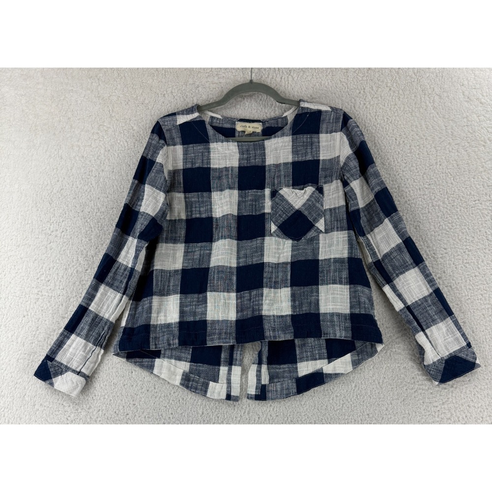 Cloth & Stone Shirt Womens Small Blue White Plaid Linen Blend Long Sleeve Casual